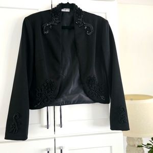 Vintage Sequined Blazer Jacket Cropped Formal Black Applique Long Sleeve Small